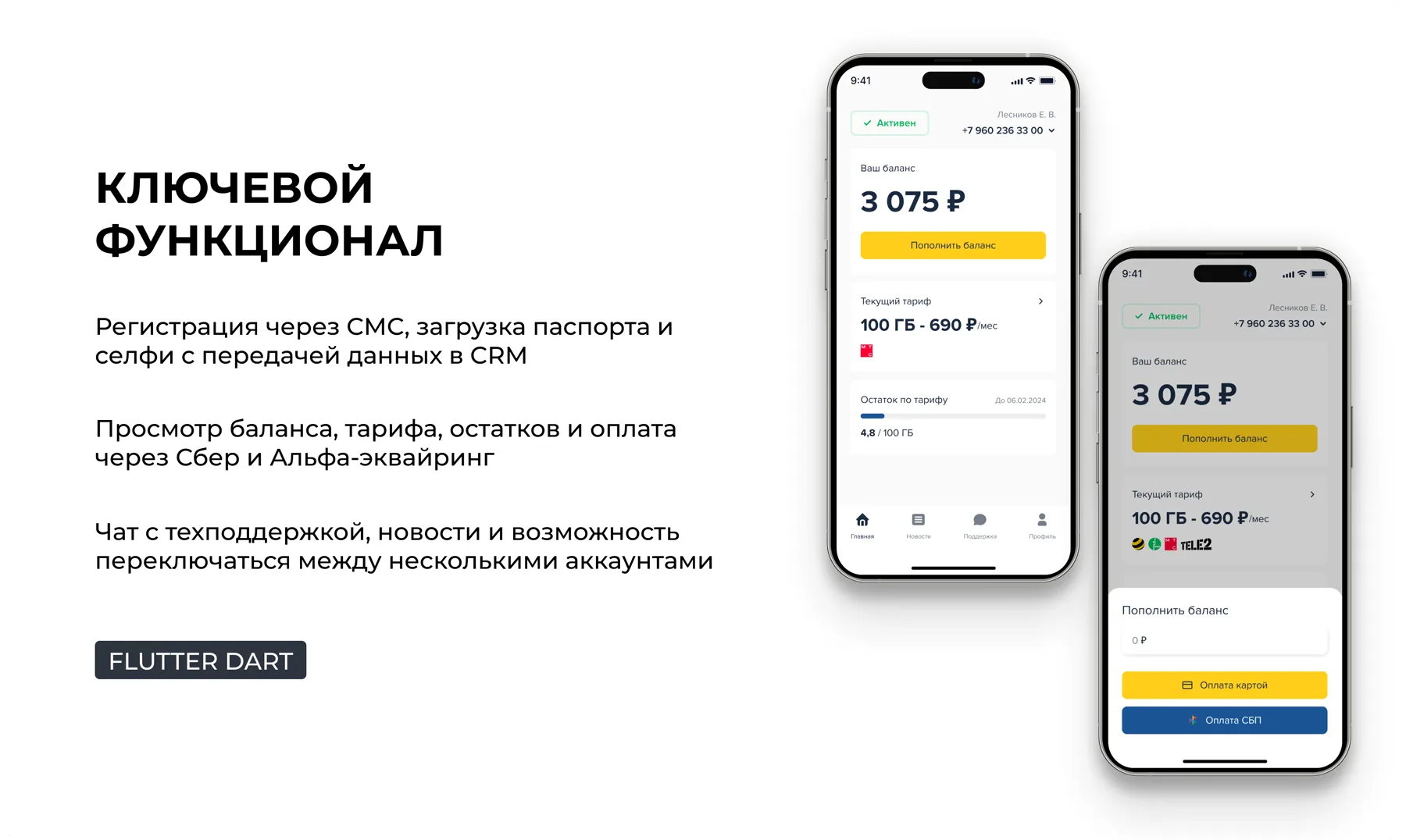 Функциональные экраны Yumobile: кабинет, пополнение баланса и справочный раздел